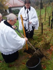 "Drzewko Wdzięczności" w Ogrodzie Reformacji zasadził były skoczowski proboszcz ks. A Czyż w Jubileusz swoich 80 urodzin, w towarzystwie proboszcza Jana Byrta. Szczyrk- Salmopol ,06.11.2016
